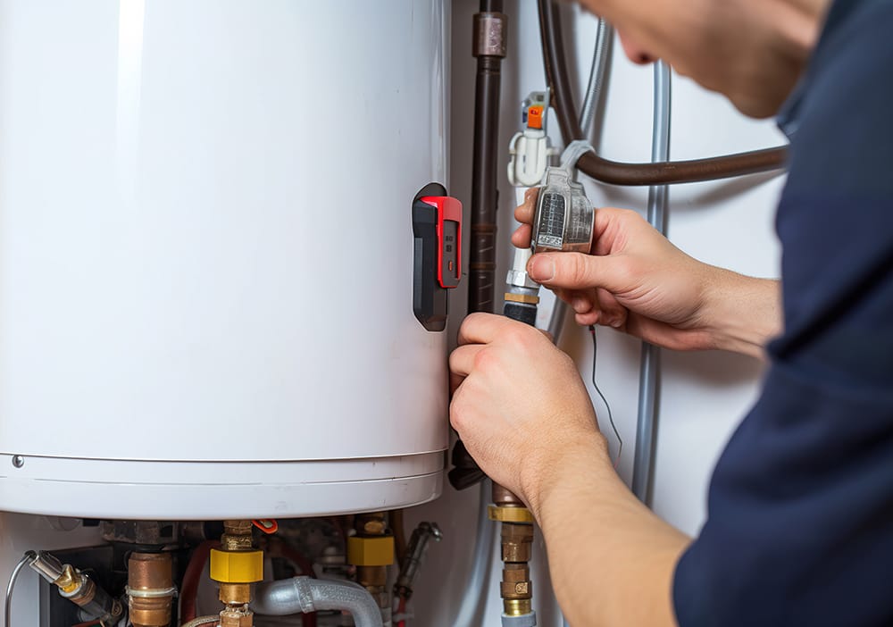 Technician repairing pipes connected to a water heater in Ramona